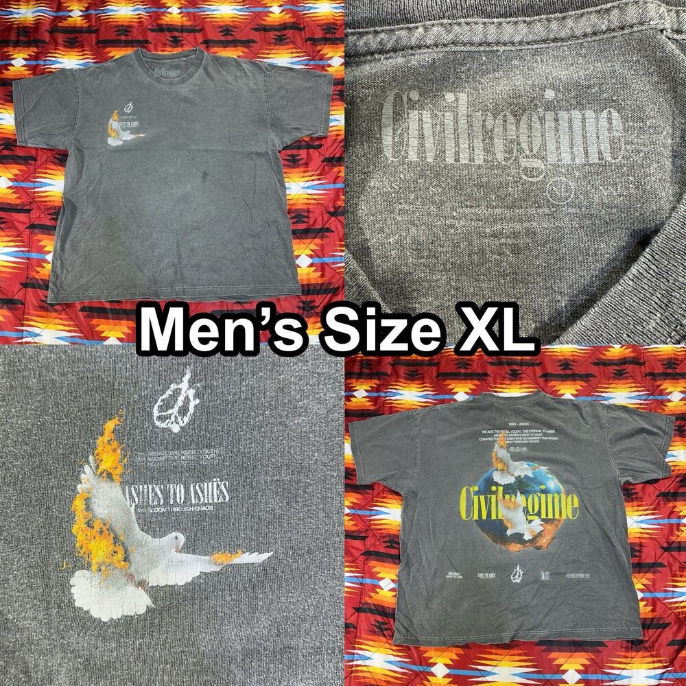 Civil Regime Fire Planet Earth Doves Graphic Gray T-Shirt Men’s Size XL
